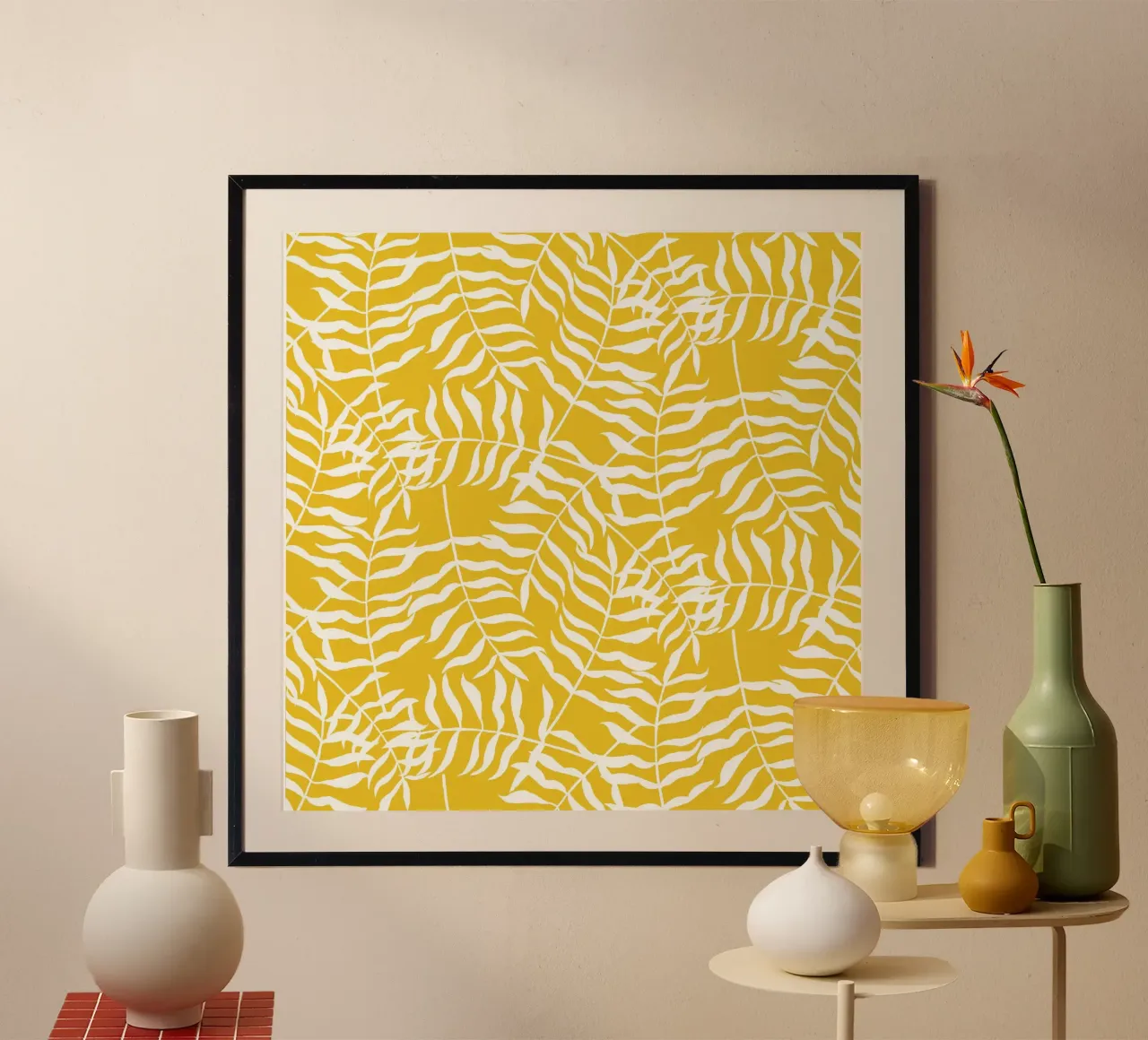 Feuilles de palmier blanches sur fond jaune - Motif frais poster de Stilrausch