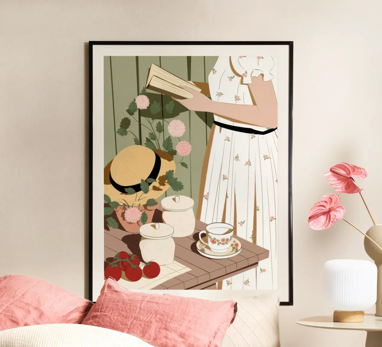 Eleganza del tè in giardino poster con telaio in legno da Fine Sanctuary