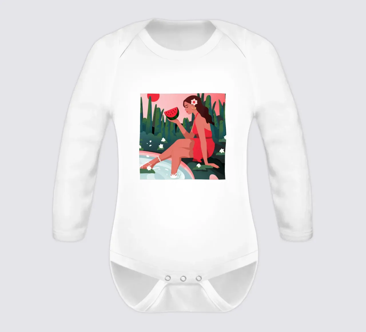 Watermelon Pool Delight long-sleeve baby romper by Fine Sanctuary