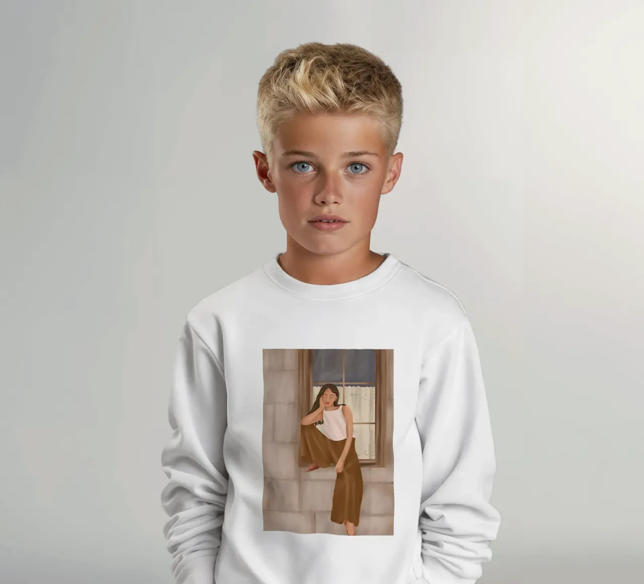 Girl sitting on the window kids sweatshirt by cityart
