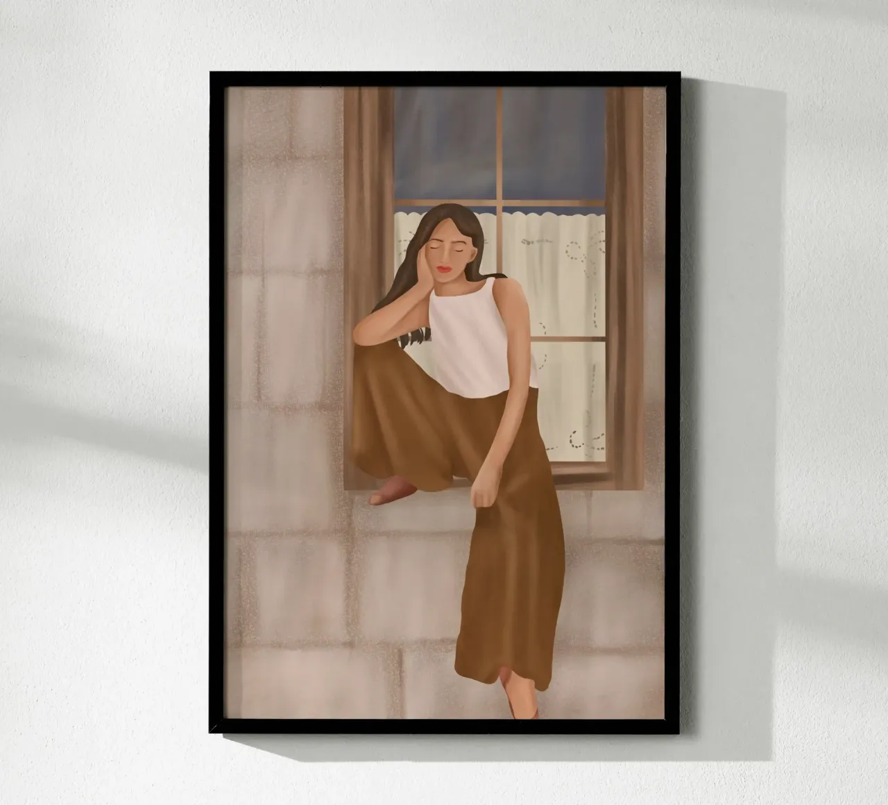 Girl sitting on the window poster con telaio in plastica da cityart