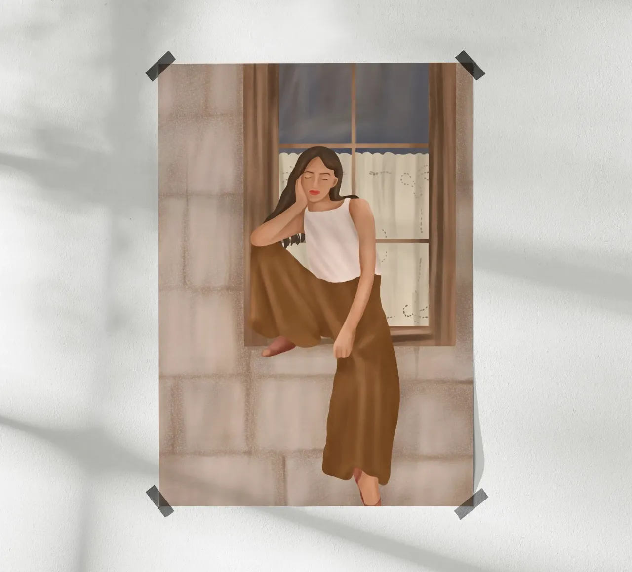Girl sitting on the window poster con telaio in plastica da cityart