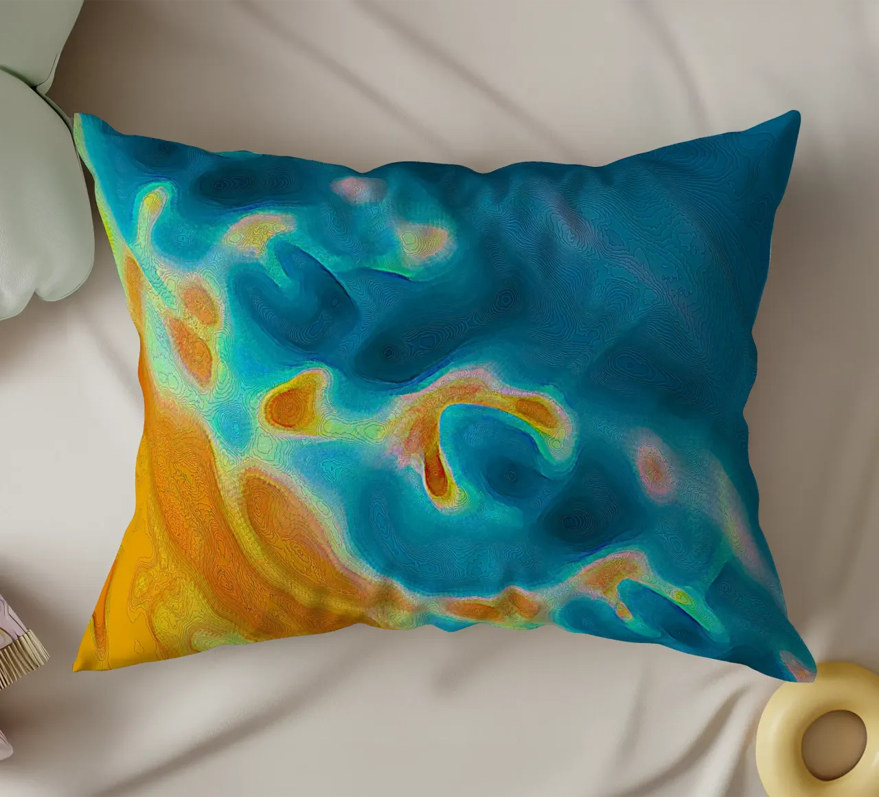 Linea di costa astratta con isole in un mare bluastro/turchese cuscino da Gürsel Yesil Digital Art