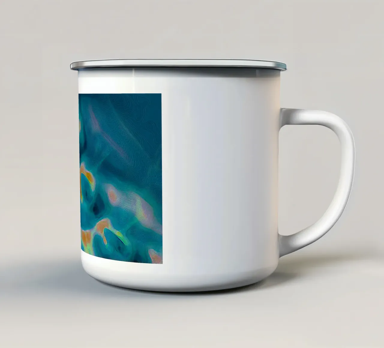 Linea di costa astratta con isole in un mare bluastro/turchese tazza in smalto da Gürsel Yesil Digital Art