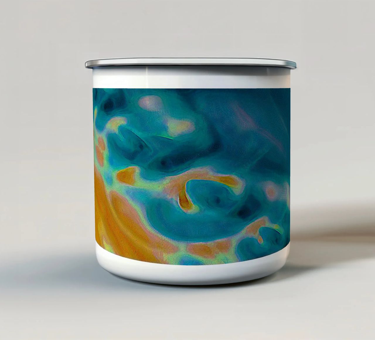 Linea di costa astratta con isole in un mare bluastro/turchese tazza in smalto da Gürsel Yesil Digital Art