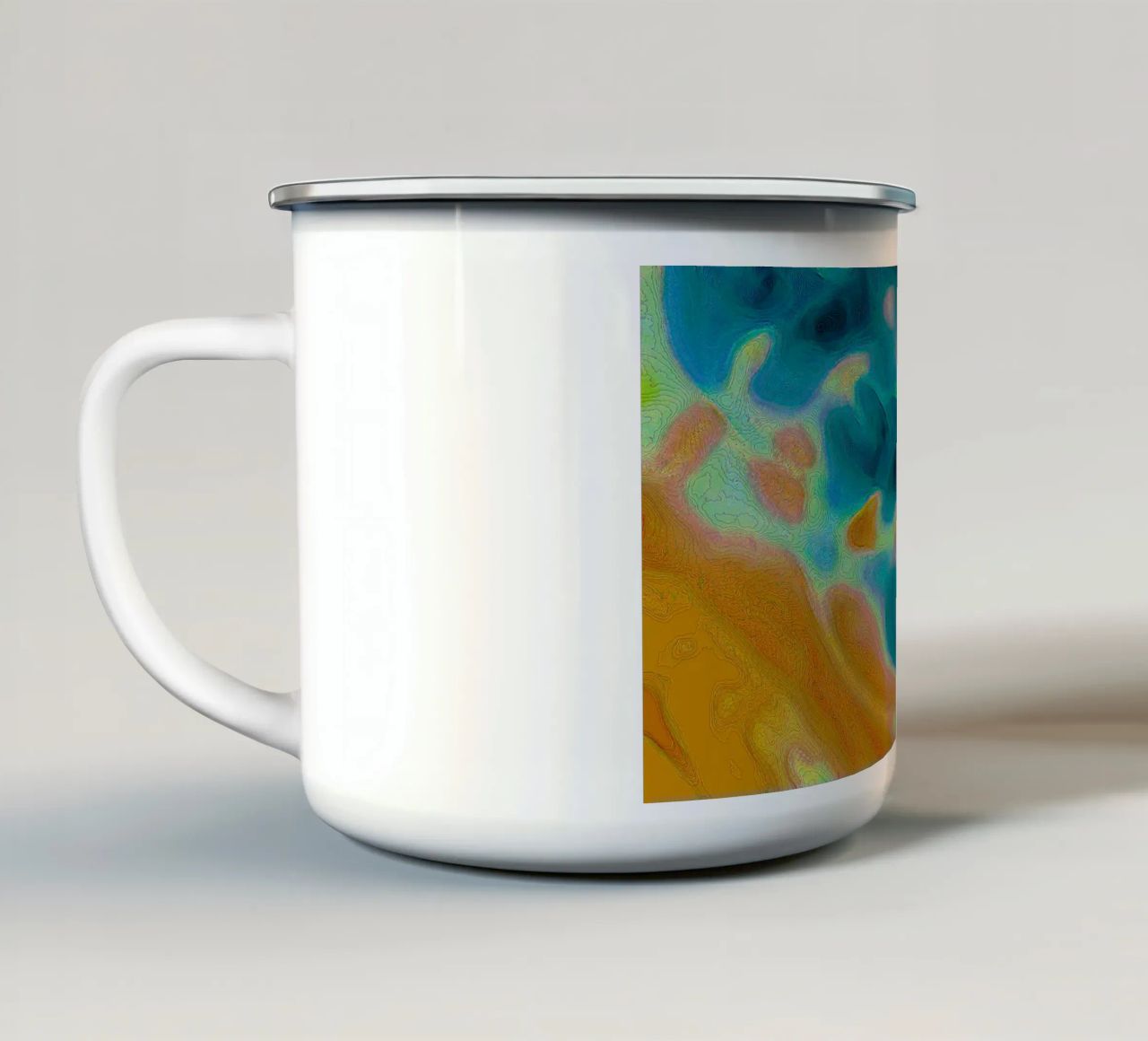 Linea di costa astratta con isole in un mare bluastro/turchese tazza in smalto da Gürsel Yesil Digital Art