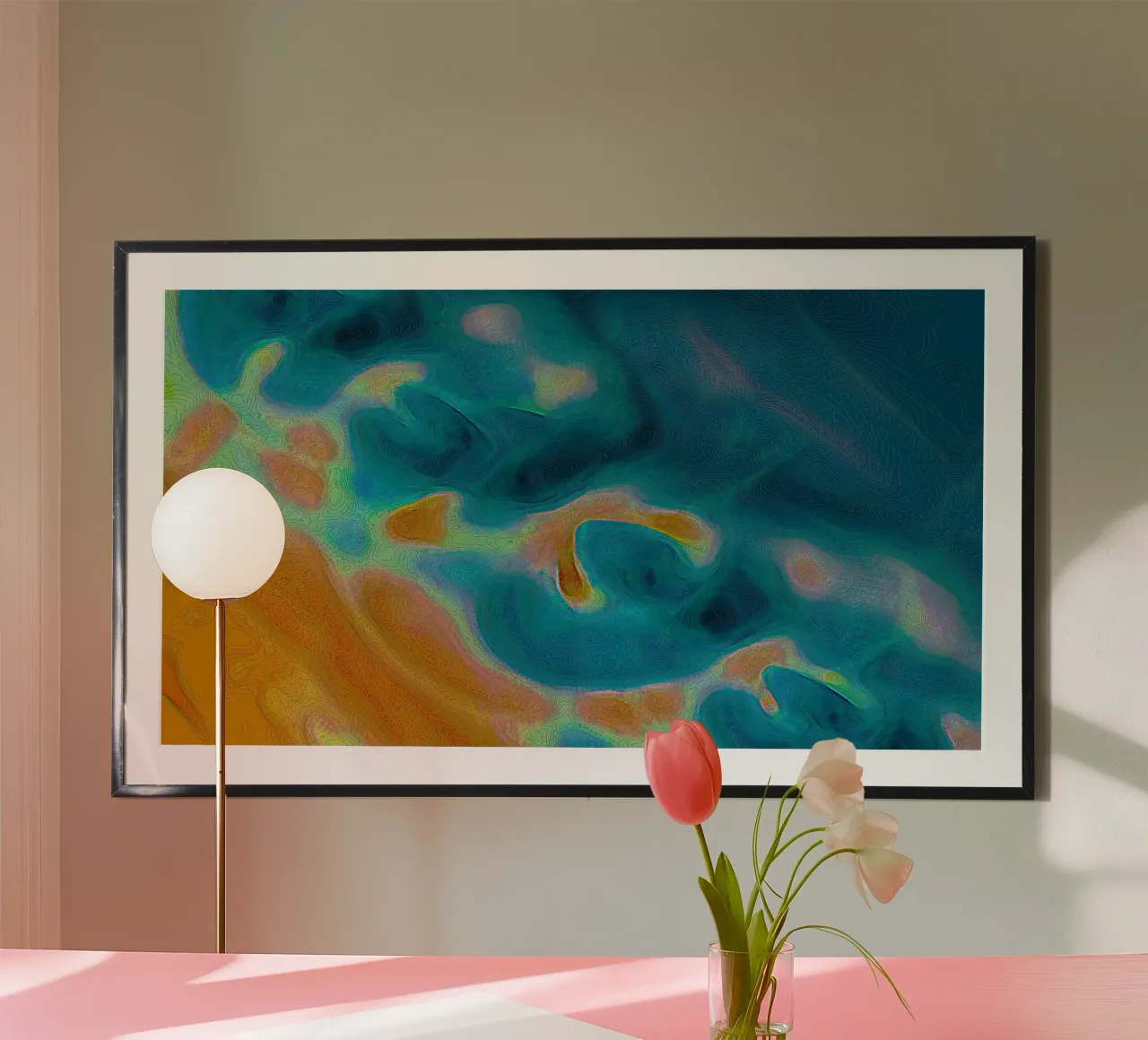 Linea di costa astratta con isole in un mare bluastro/turchese poster con telaio in plastica da Gürsel Yesil Digital Art