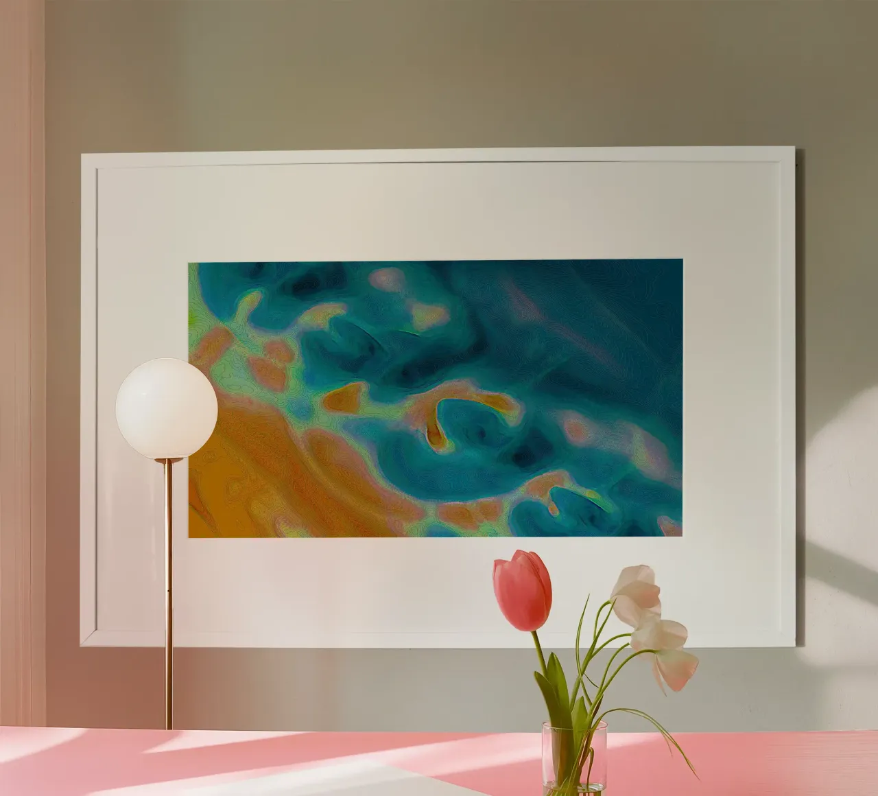 Linea di costa astratta con isole in un mare bluastro/turchese poster con telaio in plastica da Gürsel Yesil Digital Art