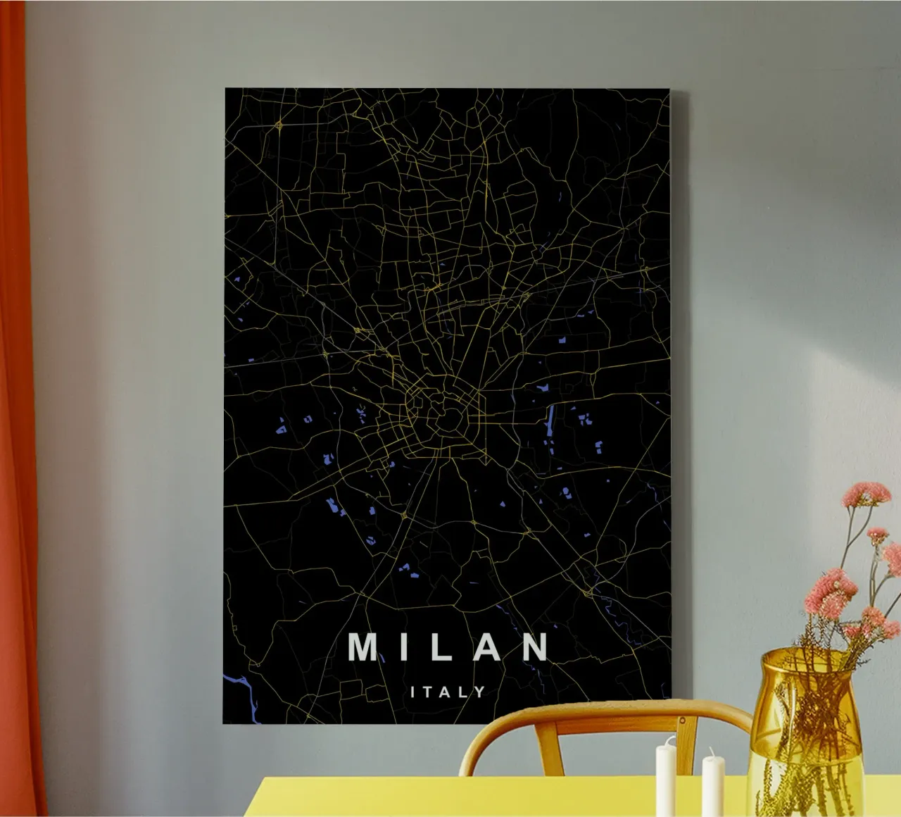 Mappa della città di Milano in nero e oro tela con Cornice a cassetta da Cartographers Library