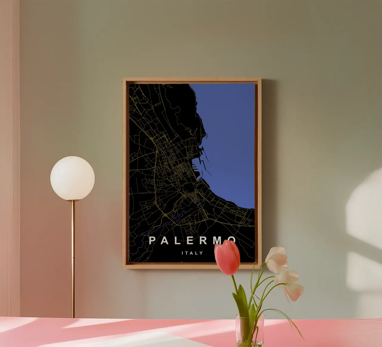 Palermo - Mappa della città in nero e oro tela con Cornice a cassetta da Cartographers Library