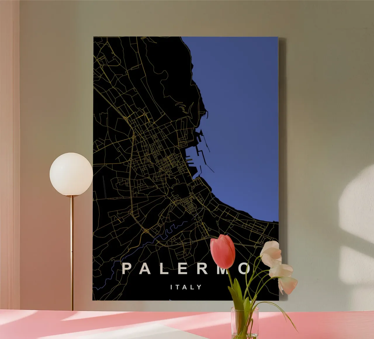 Palermo - Mappa della città in nero e oro tela con Cornice a cassetta da Cartographers Library