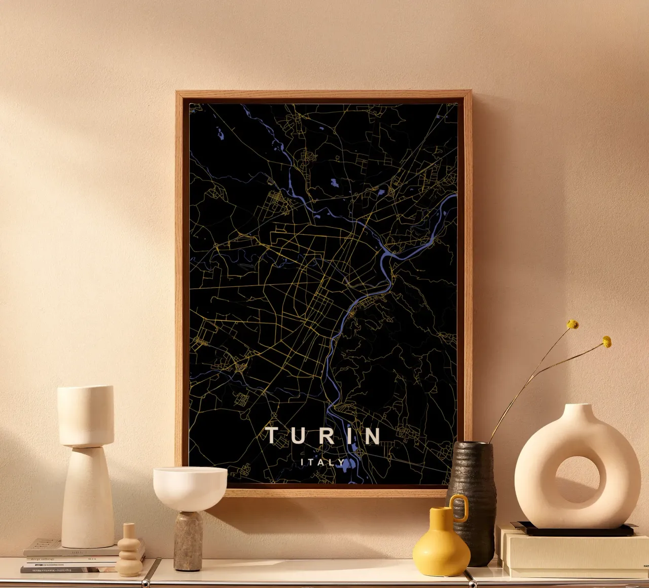 Mappa della città di Torino in nero e oro tela con Cornice a cassetta da Cartographers Library