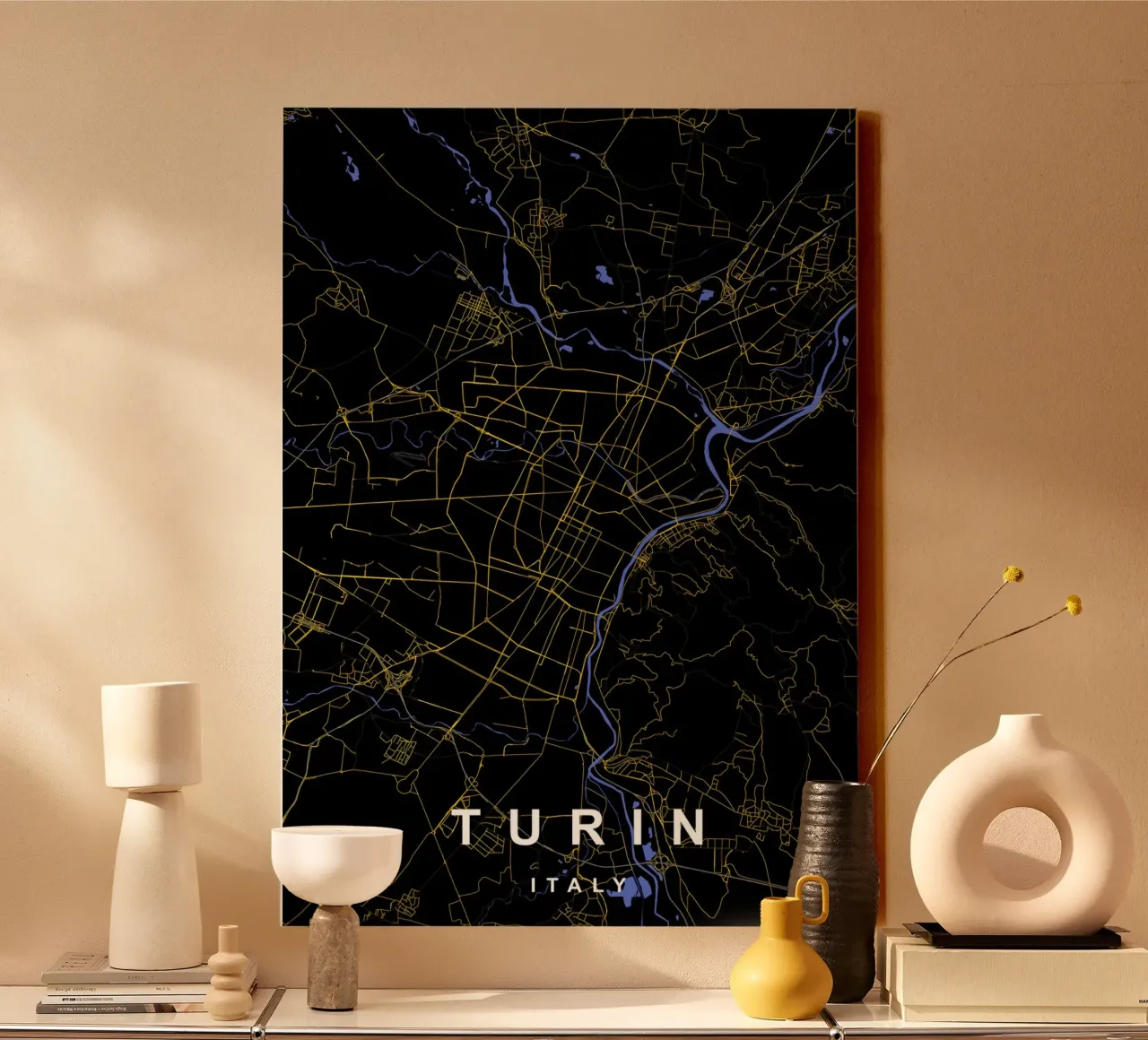 Mappa della città di Torino in nero e oro tela con Cornice a cassetta da Cartographers Library