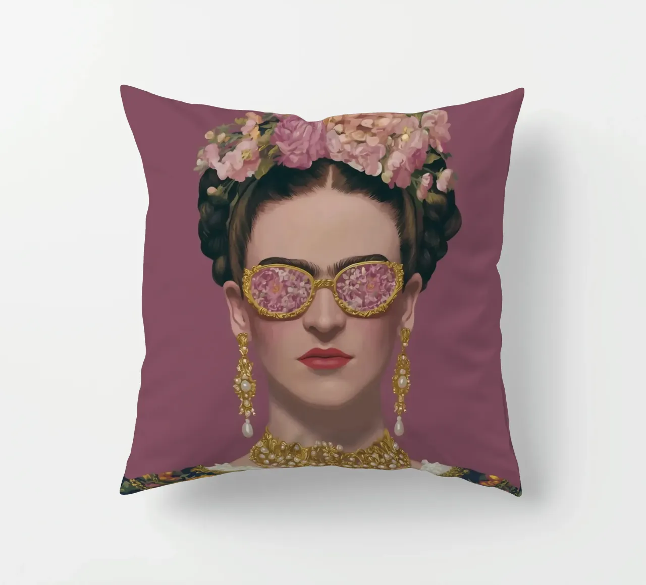 Frida con occhiali a fiori cuscino da Carinaprint