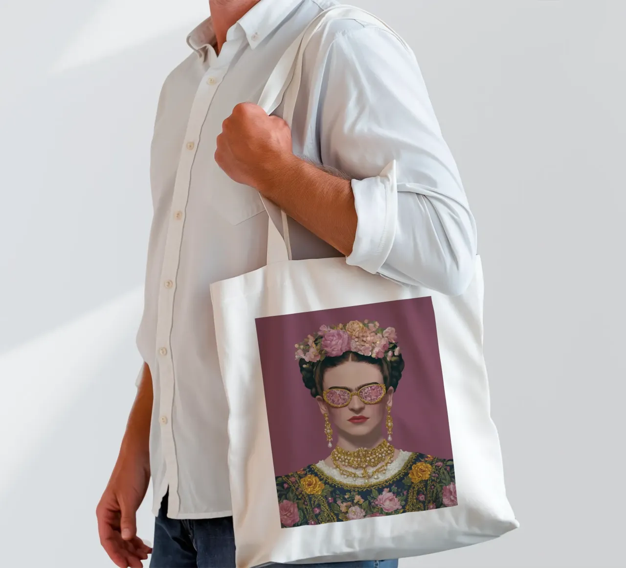 Frida con occhiali a fiori borsa in juta da Carinaprint