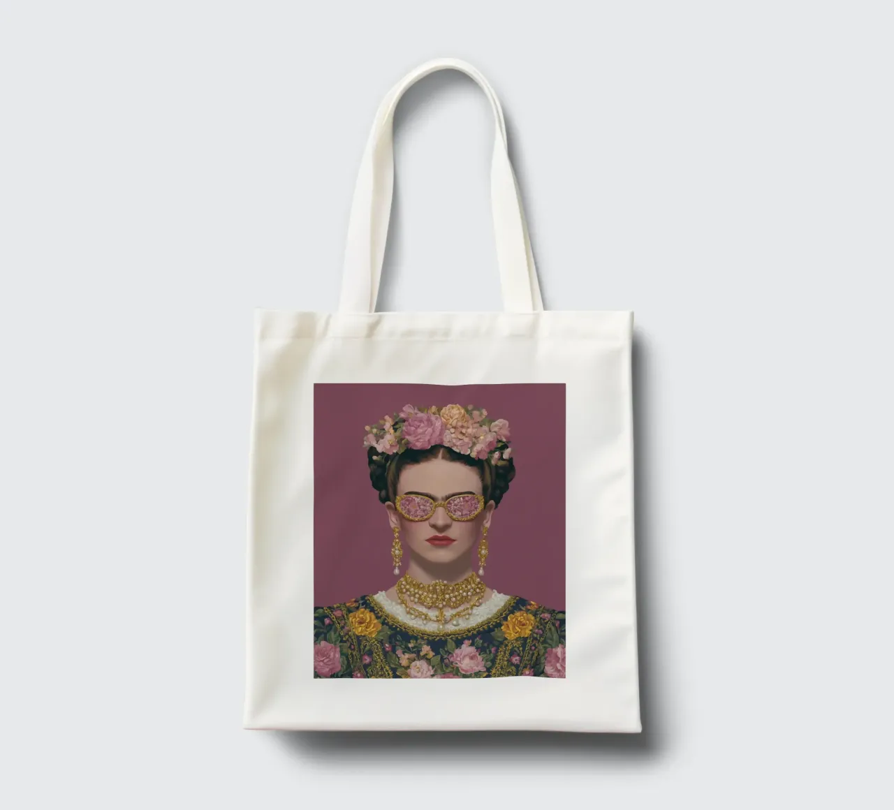 Frida con occhiali a fiori borsa in juta da Carinaprint