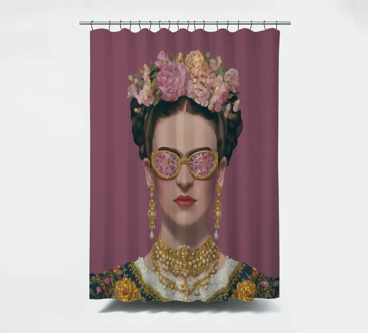 Frida con occhiali a fiori tenda da doccia da Carinaprint