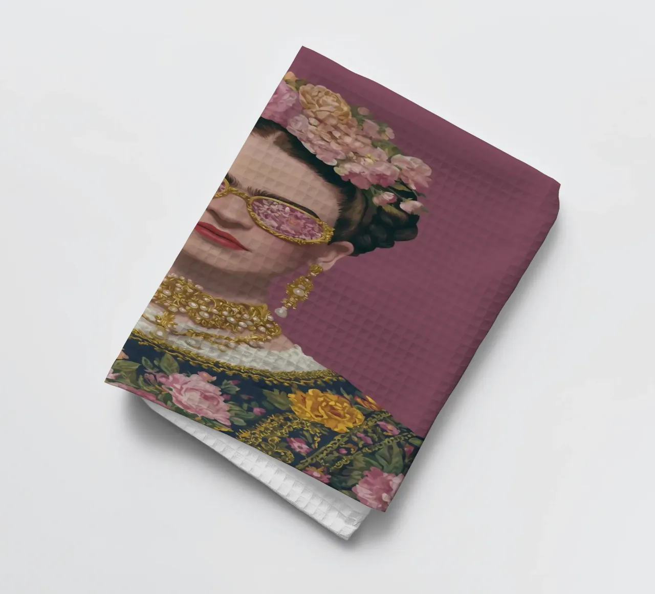 Frida con occhiali a fiori canovaccio da cucina da Carinaprint