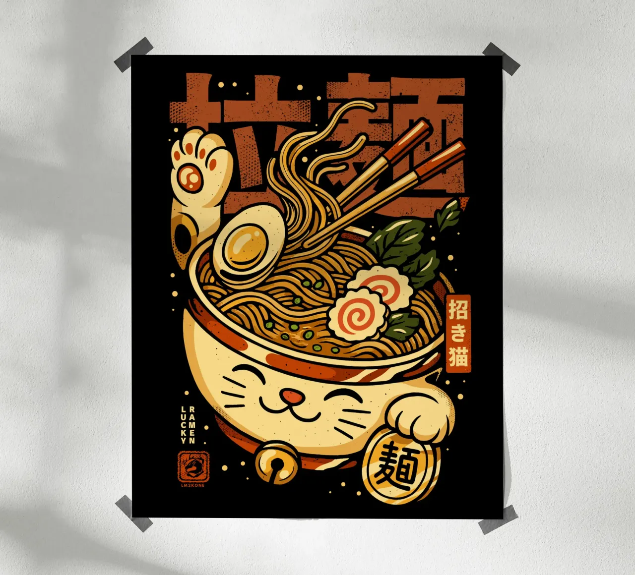 Ramen di tagliatelle Lucky Cat poster con telaio in legno da LM2KONE