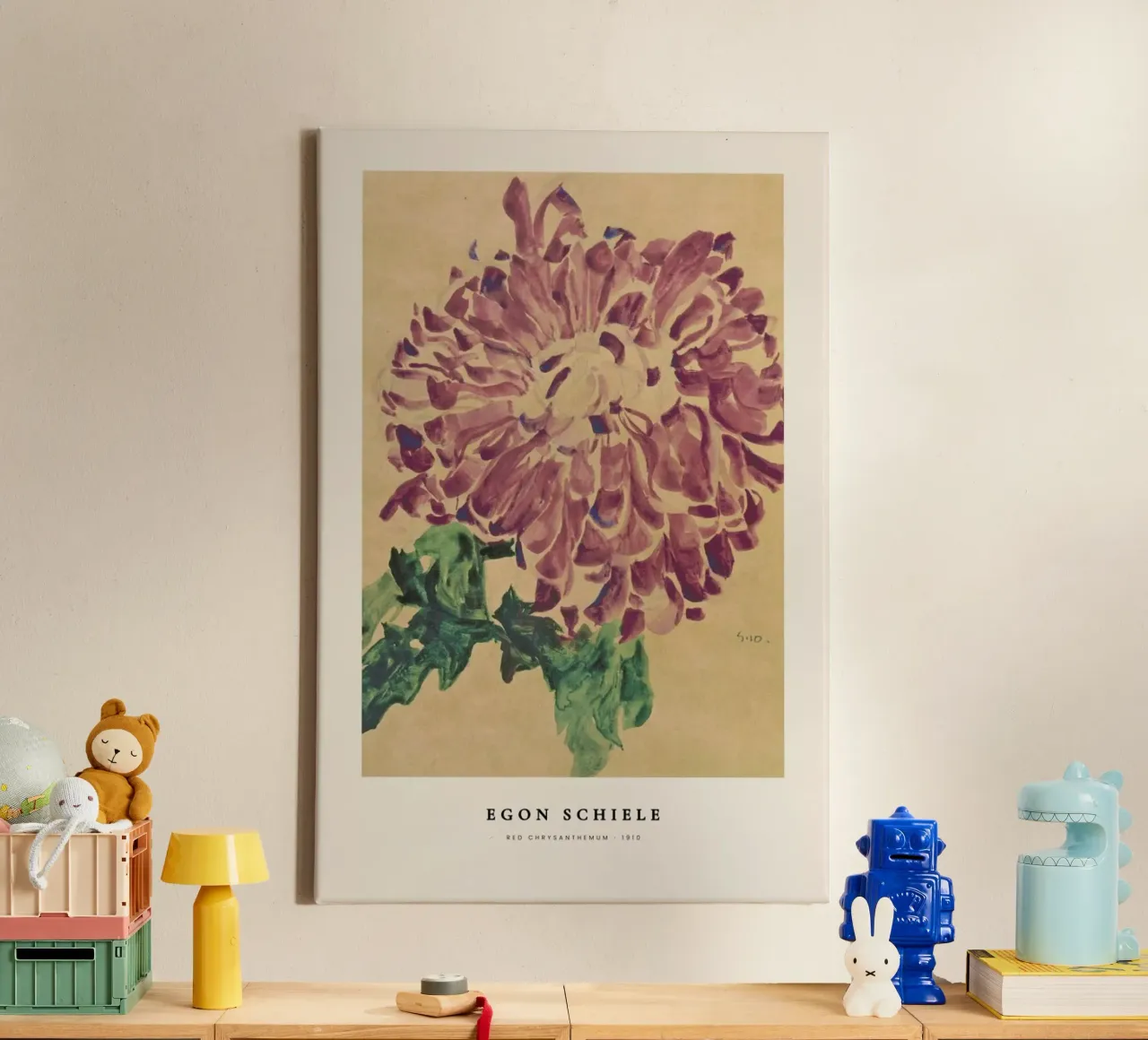 Schiele - Red Chrysanthemum lienzo con Marco flotante de Vintage by JUNIQE