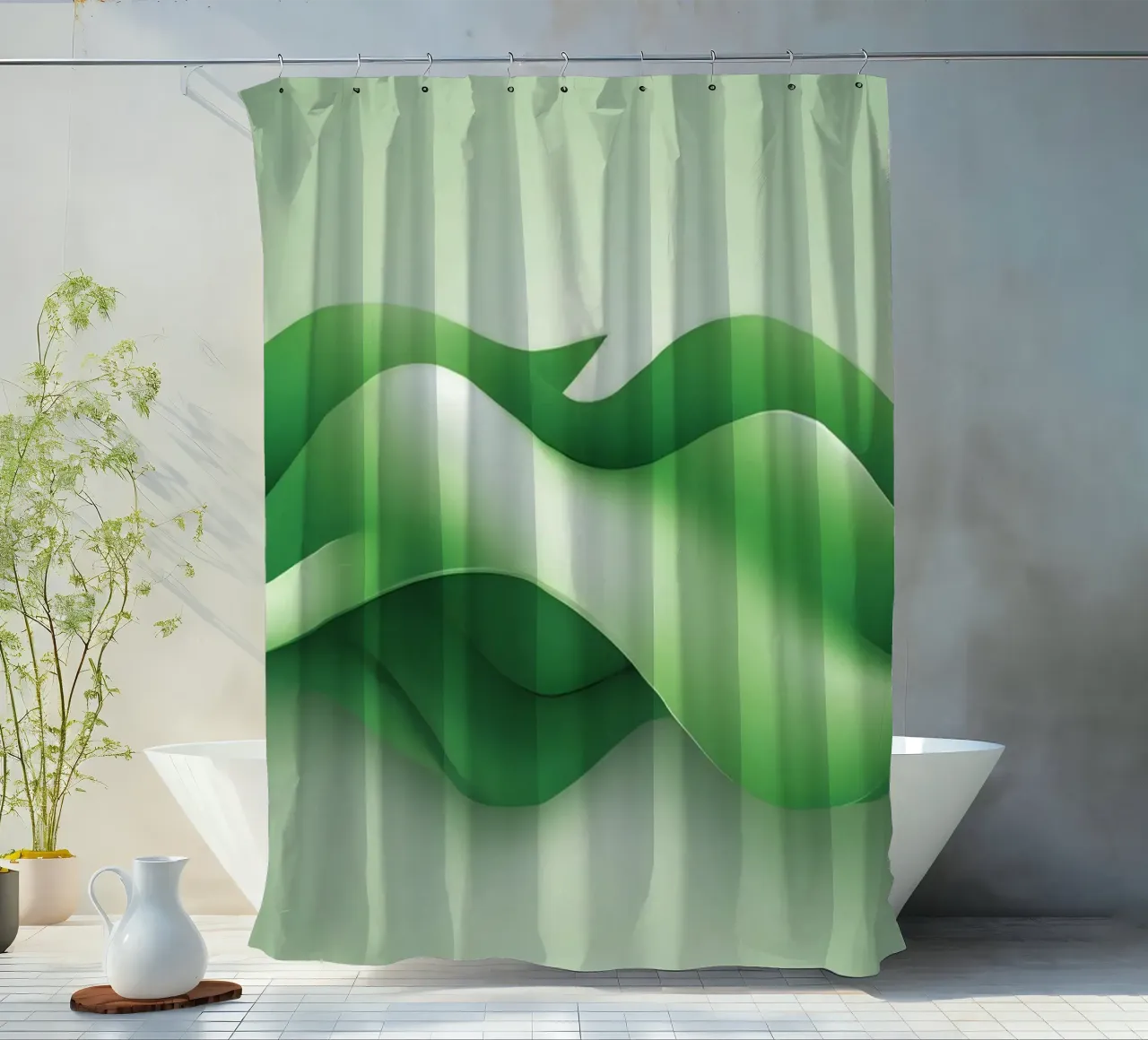 Gebogen groene vormen rimpelen in een abstract ontwerp douchegordijn van DesignDoodle