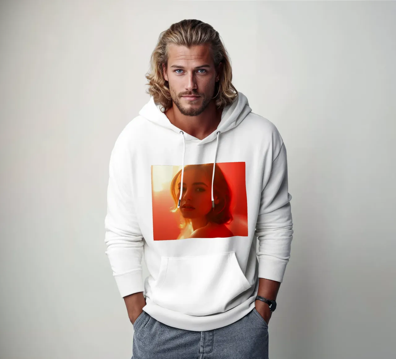 Portrait captivant d'une jeune femme baignant dans la lumière chaude du soleil sweat à capuche de DesignDoodle
