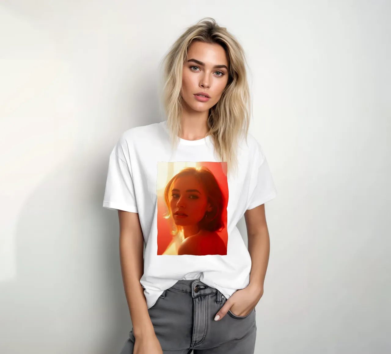 Portrait captivant d'une jeune femme baignant dans la lumière chaude du soleil t-shirt de DesignDoodle