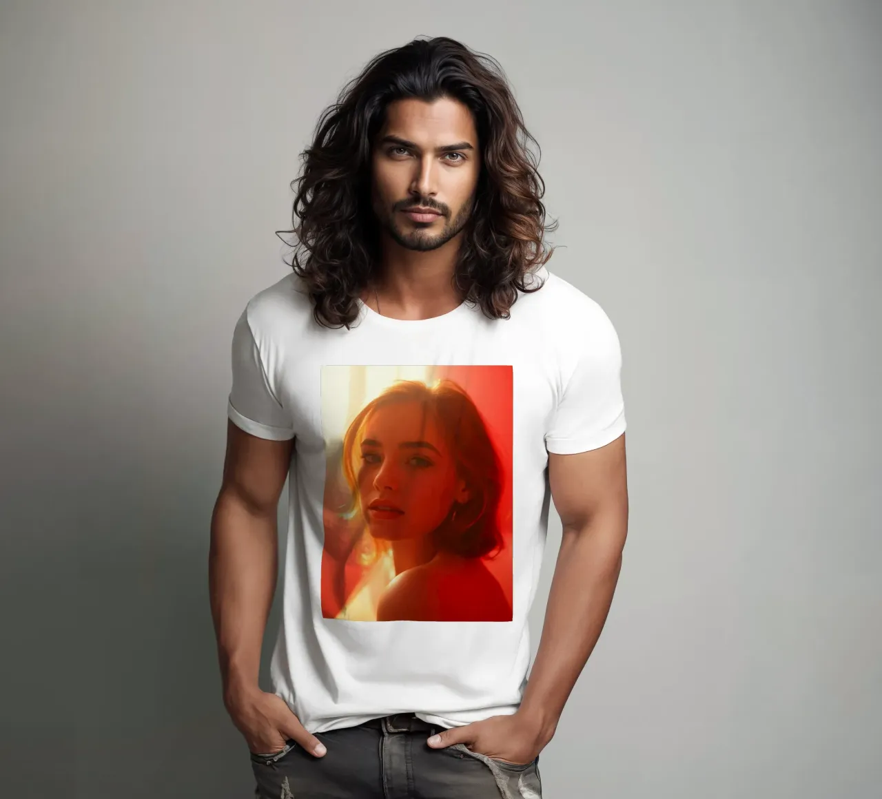 Portrait captivant d'une jeune femme baignant dans la lumière chaude du soleil t-shirt de DesignDoodle