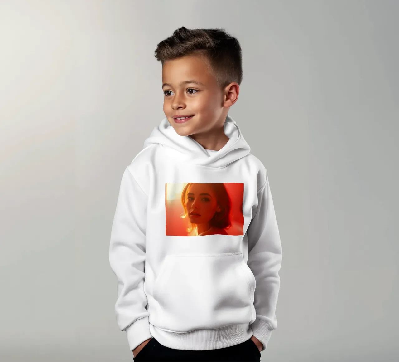 Portrait captivant d'une jeune femme baignant dans la lumière chaude du soleil sweat à capuche enfant de DesignDoodle
