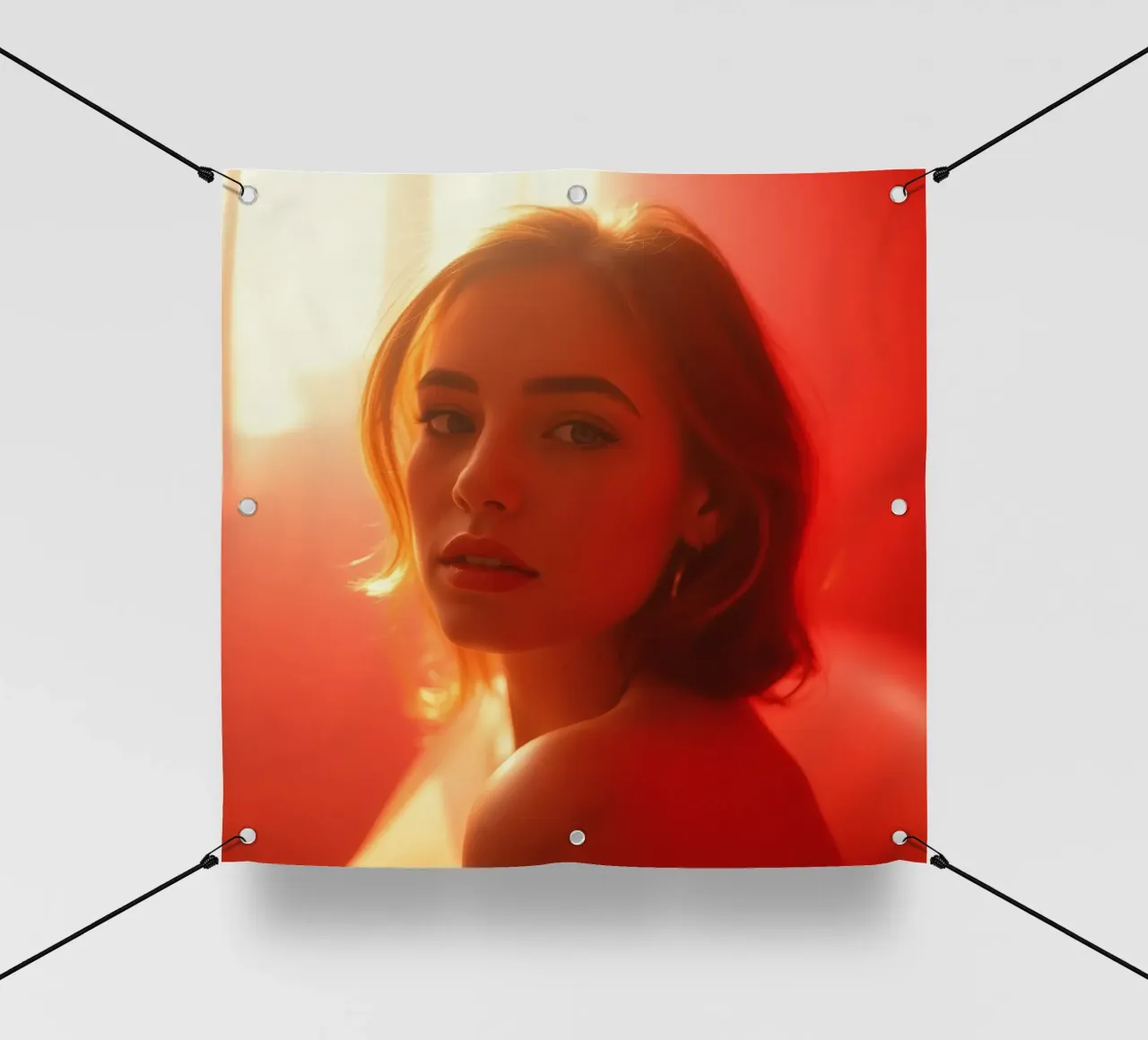 Portrait captivant d'une jeune femme baignant dans la lumière chaude du soleil bâche pvc de DesignDoodle