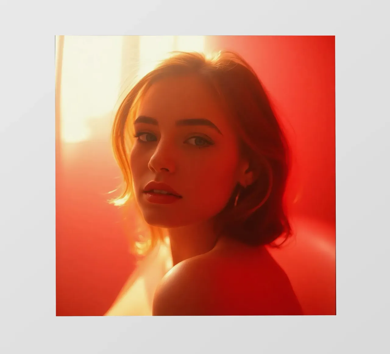 Portrait captivant d'une jeune femme baignant dans la lumière chaude du soleil bâche pvc de DesignDoodle