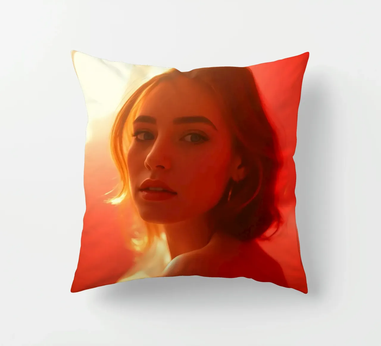 Portrait captivant d'une jeune femme baignant dans la lumière chaude du soleil coussin de DesignDoodle