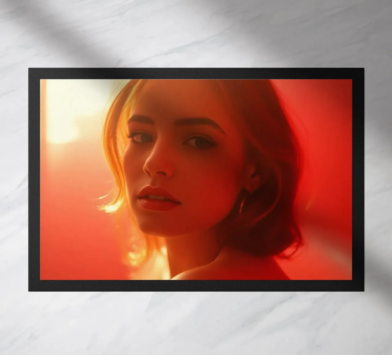 Portrait captivant d'une jeune femme baignant dans la lumière chaude du soleil paillasson de DesignDoodle