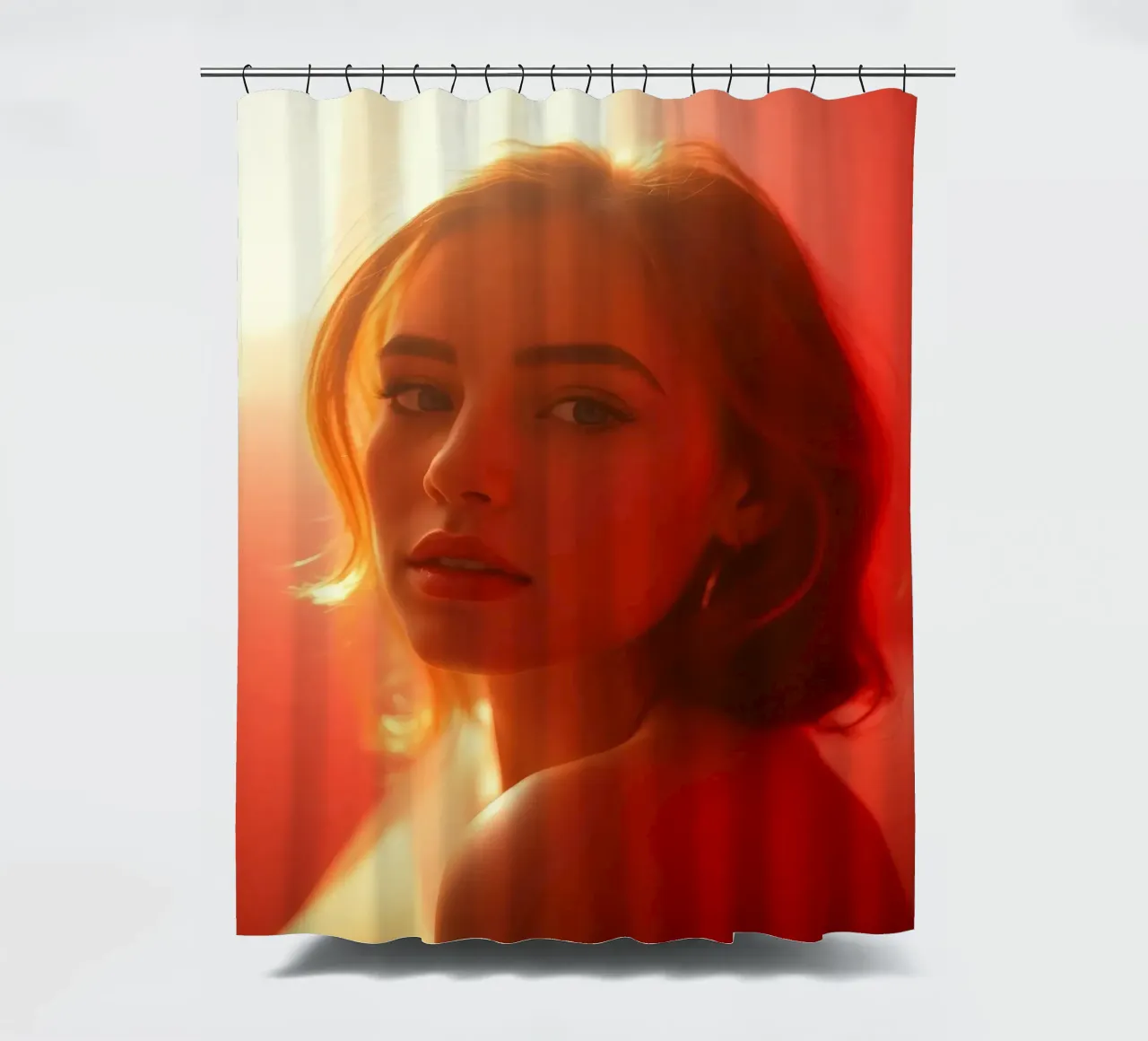 Captivating portrait of young woman bathed in warm sunlight shower curtain by DesignDoodle
