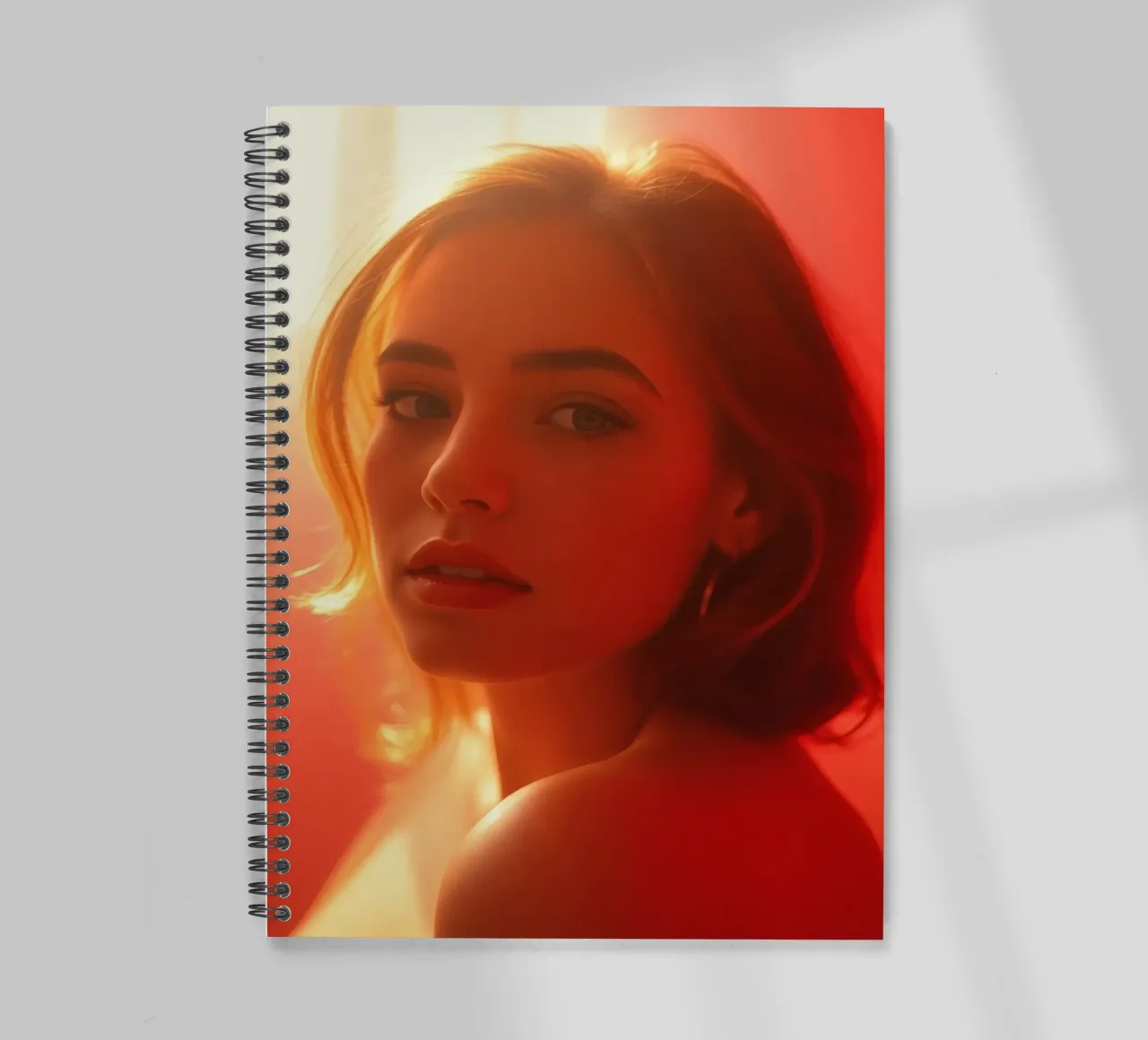 Portrait captivant d'une jeune femme baignant dans la lumière chaude du soleil carnet à spirale de DesignDoodle