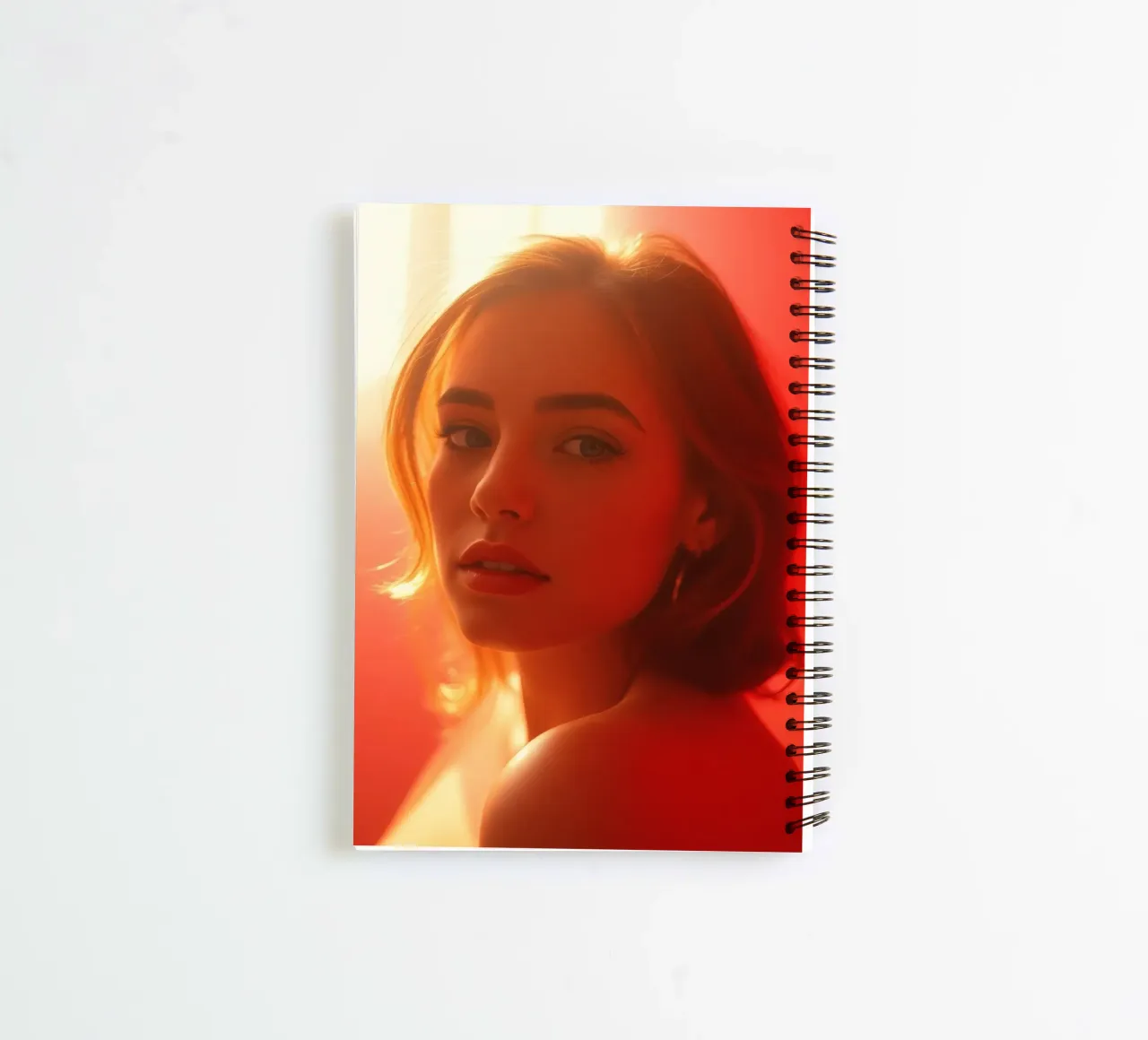 Portrait captivant d'une jeune femme baignant dans la lumière chaude du soleil carnet à spirale de DesignDoodle