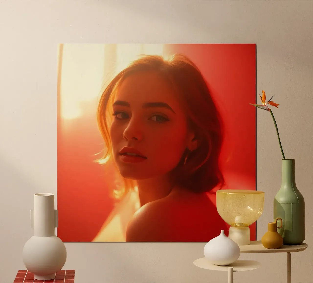 Portrait captivant d'une jeune femme baignant dans la lumière chaude du soleil hahnemühle de DesignDoodle