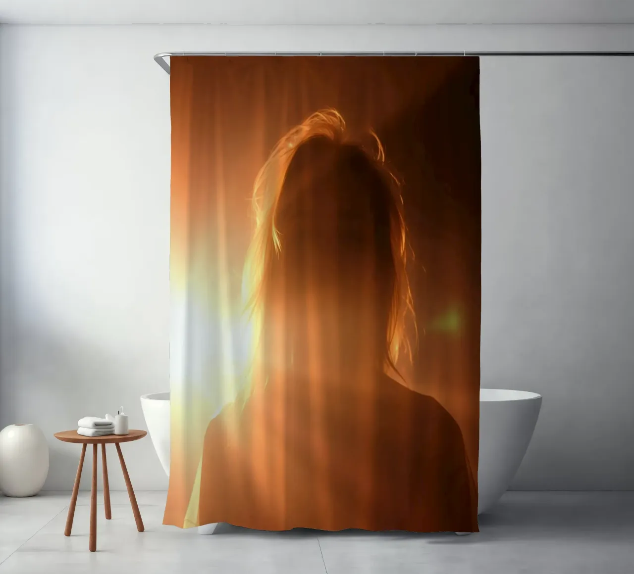 Soft light creates silhouette of a person in a warm glow shower curtain by DesignDoodle