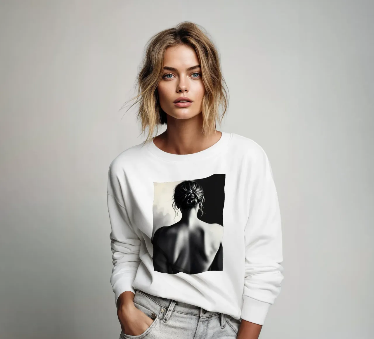 Woman's back portrait in grayscale emphasizing form sweatshirt by DesignDoodle