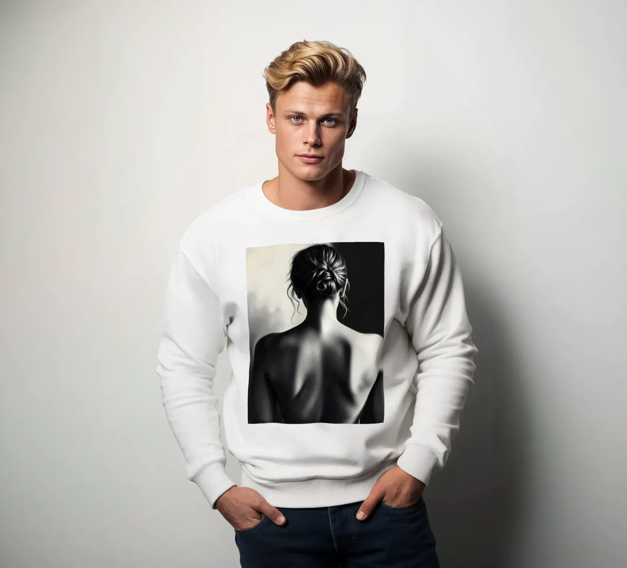 Woman's back portrait in grayscale emphasizing form sweatshirt by DesignDoodle