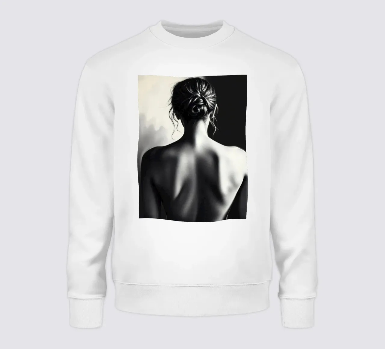 Woman's back portrait in grayscale emphasizing form sweatshirt by DesignDoodle