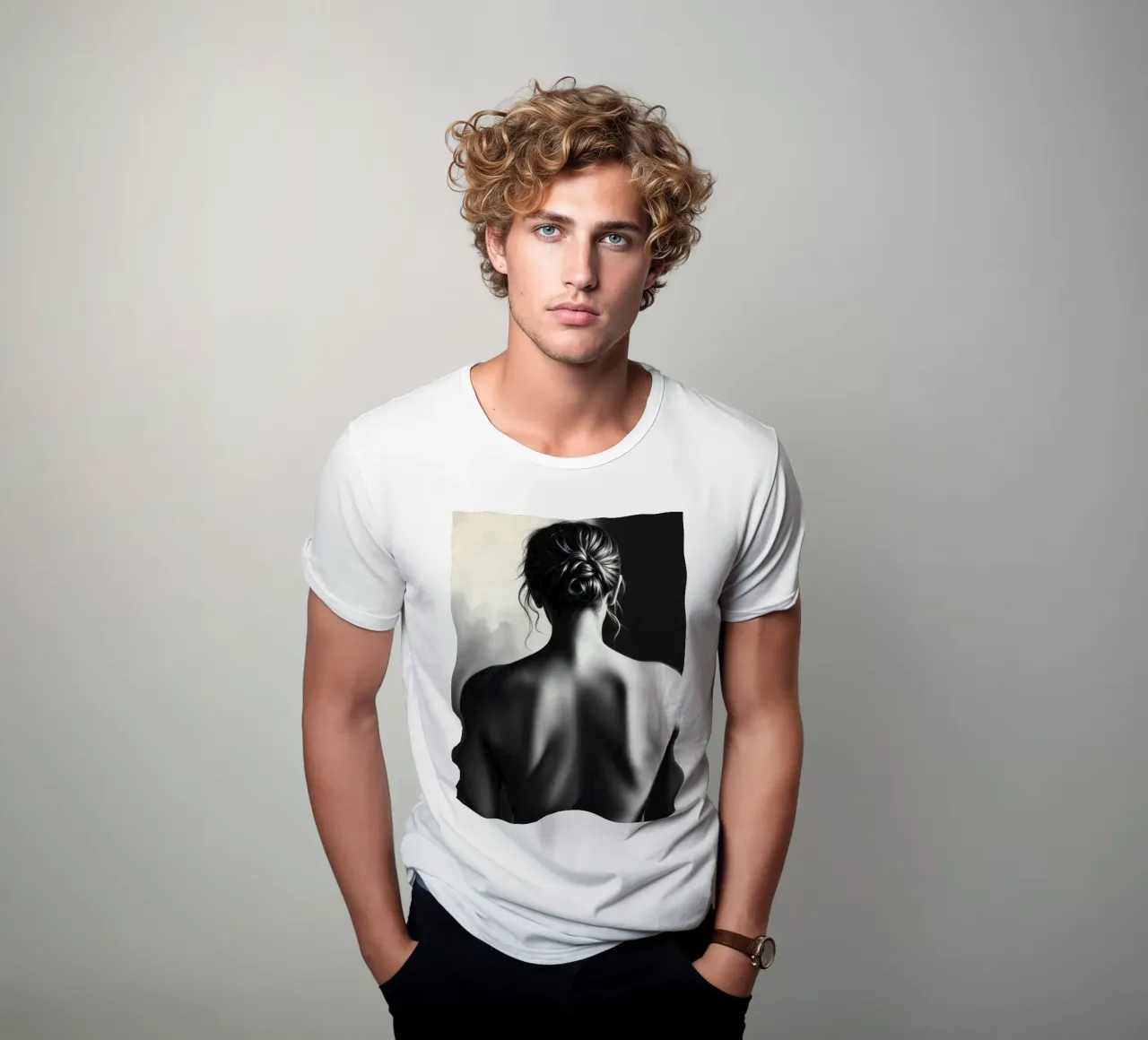 Woman's back portrait in grayscale emphasizing form t-shirt by DesignDoodle