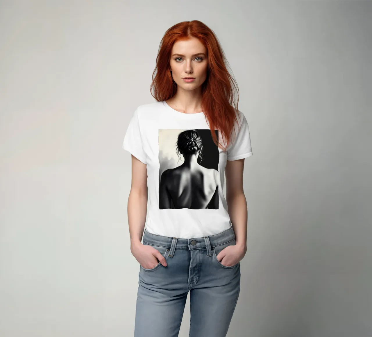 Woman's back portrait in grayscale emphasizing form t-shirt by DesignDoodle