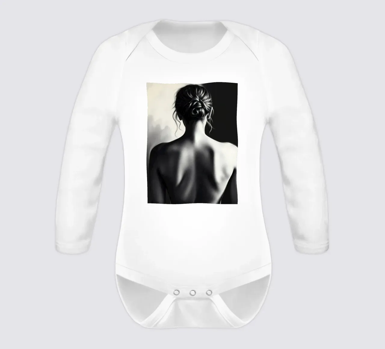 Woman's back portrait in grayscale emphasizing form long-sleeve baby romper by DesignDoodle