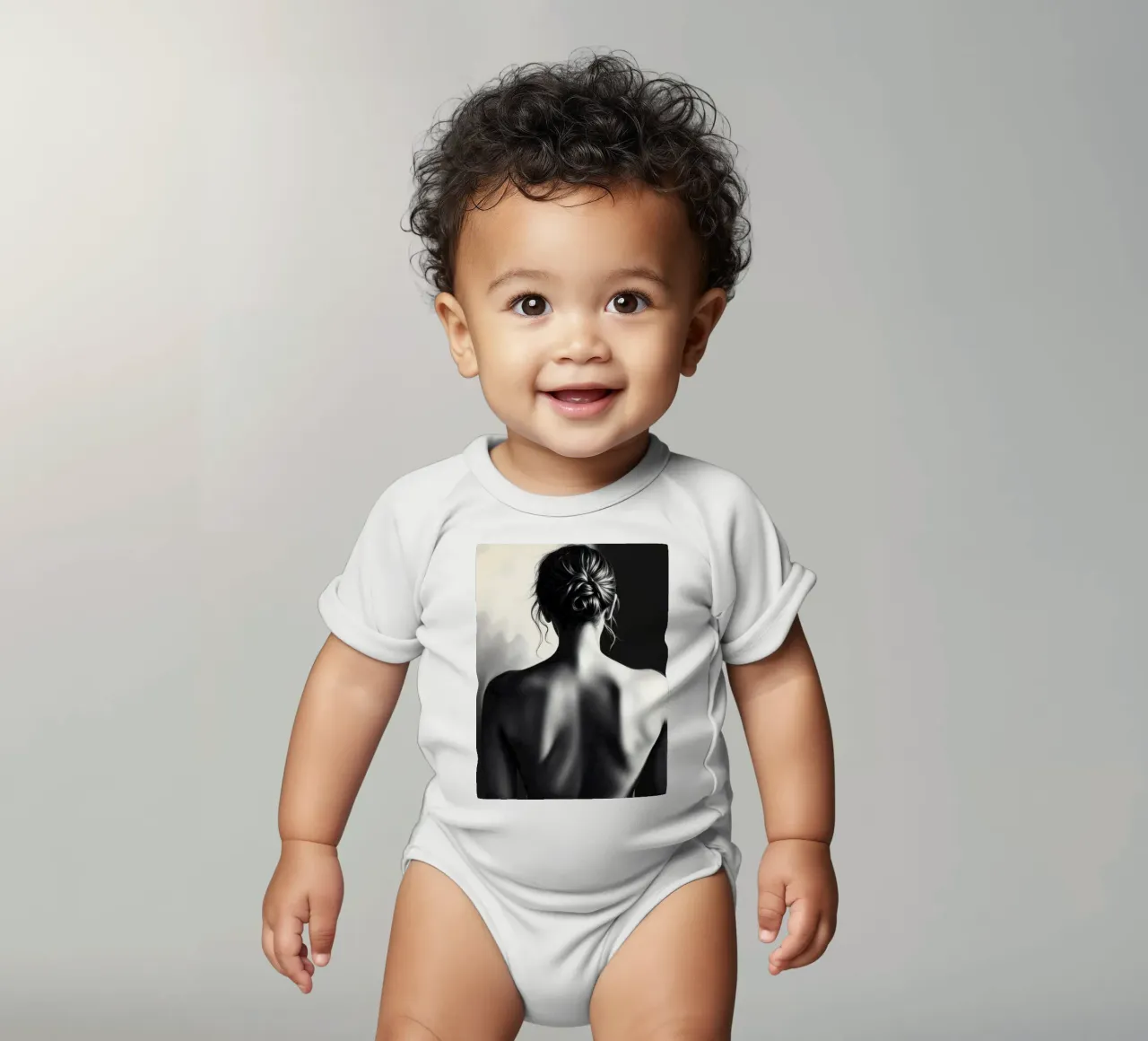 Woman's back portrait in grayscale emphasizing form short-sleeve baby romper by DesignDoodle