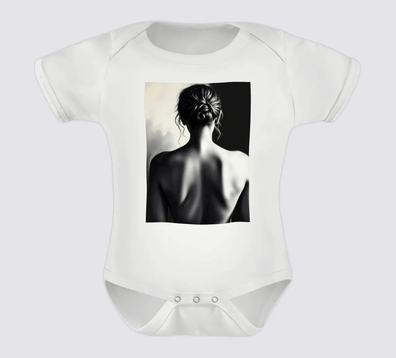 Woman's back portrait in grayscale emphasizing form short-sleeve baby romper by DesignDoodle