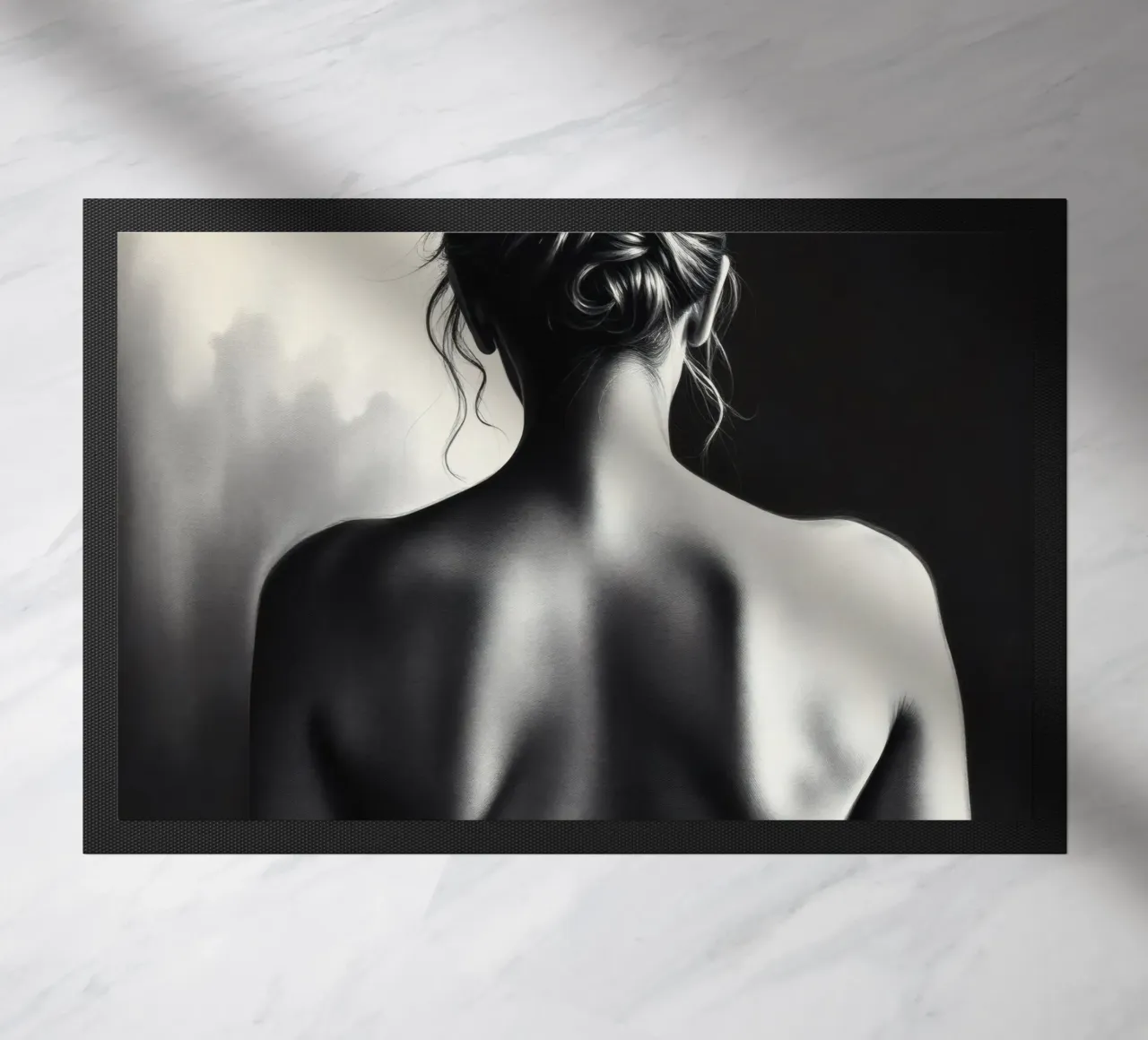 Woman's back portrait in grayscale emphasizing form doormat by DesignDoodle