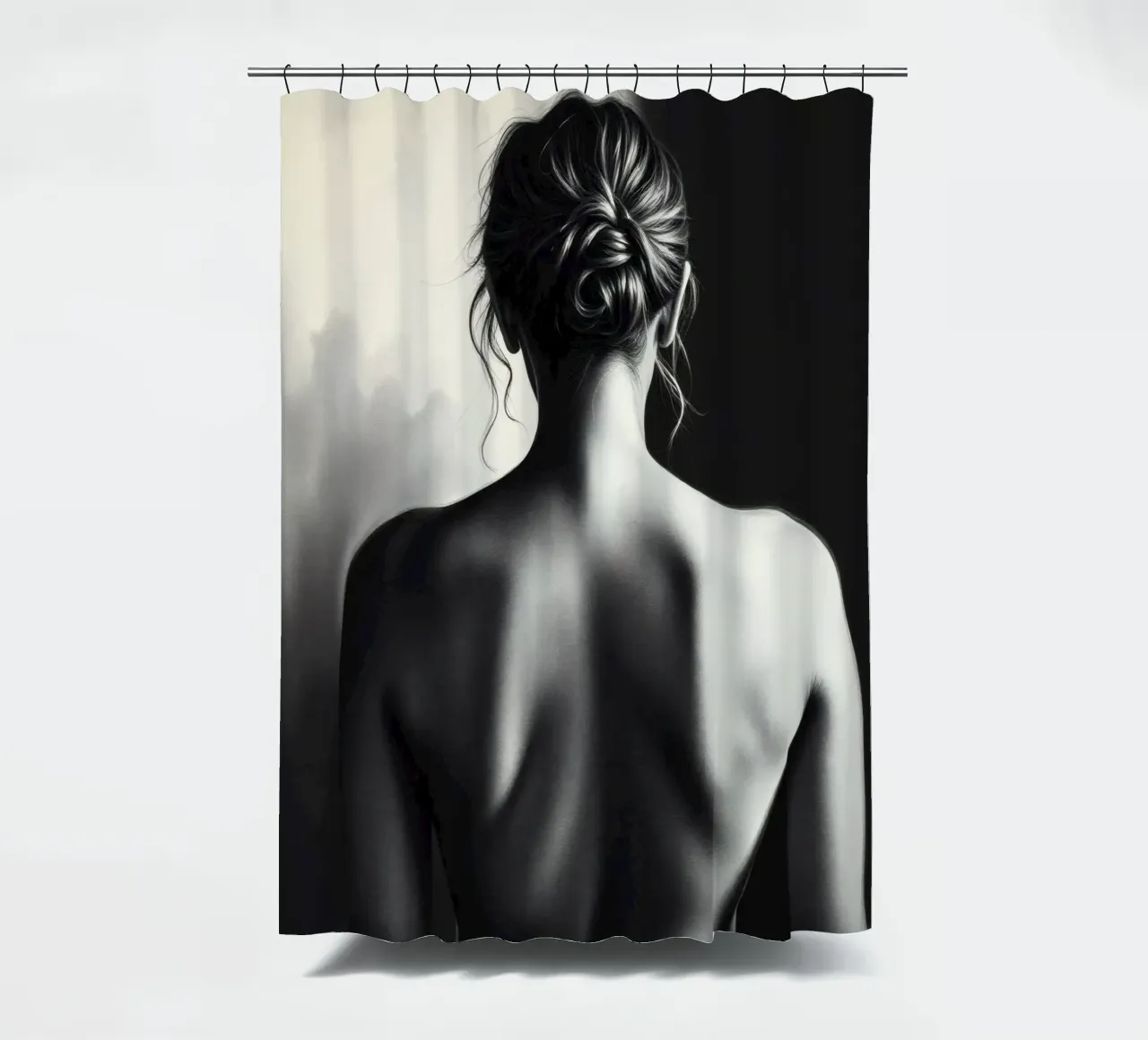 Woman's back portrait in grayscale emphasizing form shower curtain by DesignDoodle