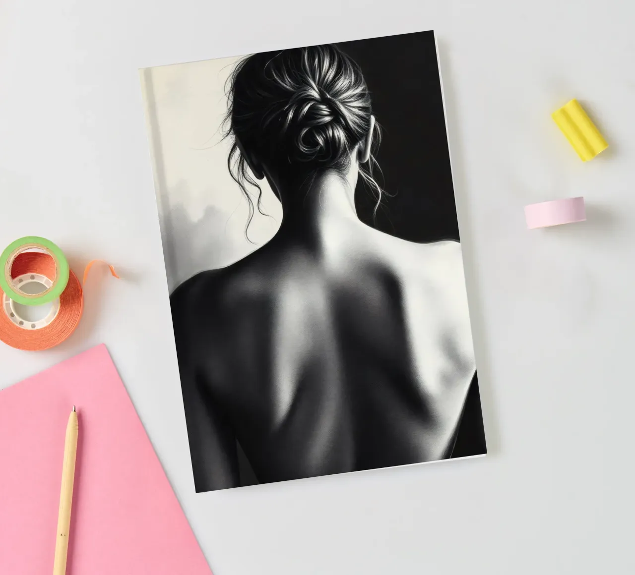 Woman's back portrait in grayscale emphasizing form notebook by DesignDoodle
