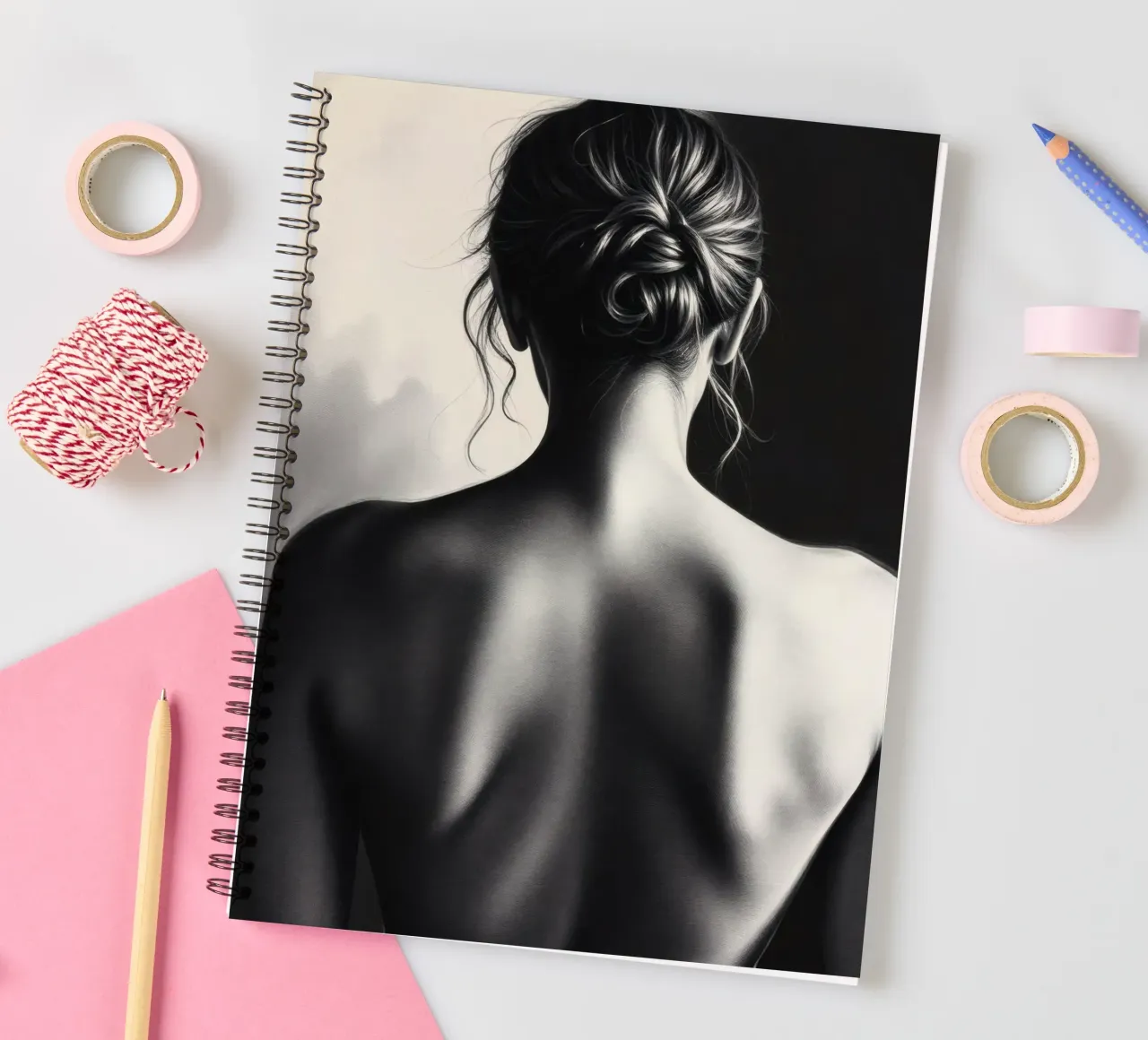 Woman's back portrait in grayscale emphasizing form spiral notebook by DesignDoodle